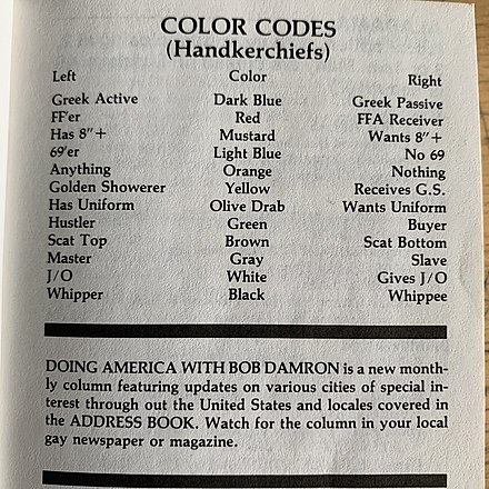 list of hankie color codes as part of the culture behind why gay men wear leather and other accessories