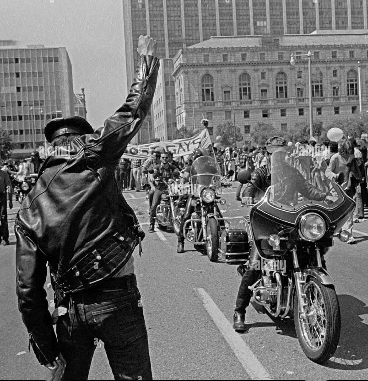 leathermen on the streets in the late 1960's celebrating